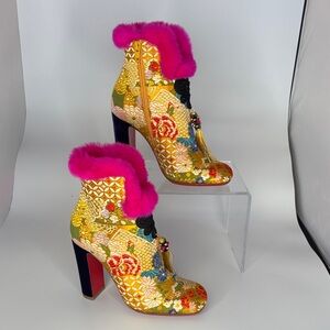 Christian Louboutin Floral Embroidered Ankle Boots with Pink Rabbit Fur Trim